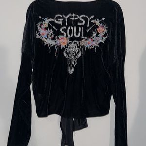 Savanna Jane NWT Gypsy Soul Black Velvet Embroidered V Neck Tie Front Crop Top L